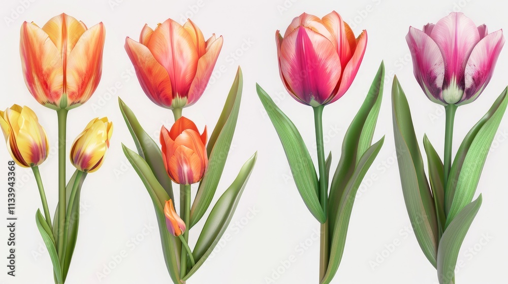 An isolated image of various tulips in different colors and sizes An isolated image of various tulips in different colors and sizes