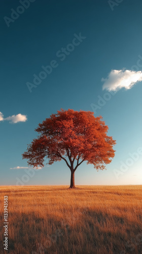 Solitary tree with vibrant autumn leaves in a golden field under a clear blue sky