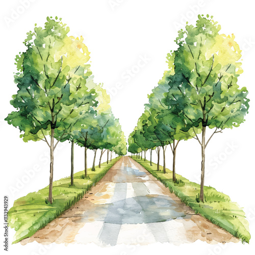 watercolor of charming country road lined with trees cartoon