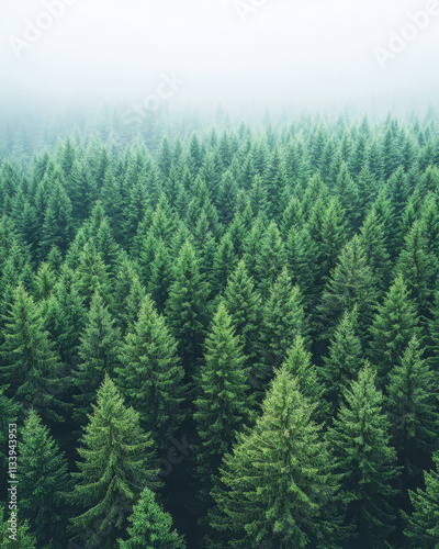 Lush evergreen forest blanketed in morning fog with towering trees and serene atmosphere