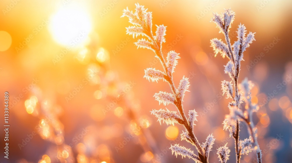 A Frost-Covered Branch Bathed in Golden Sunlight