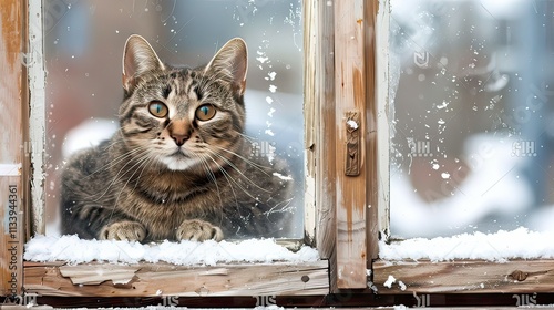 A cat sitting by a window with snow outsi photo