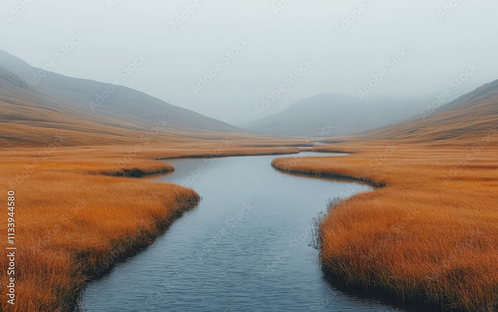 Obraz premium Serene river winding through golden grasslands in a misty valley landscape