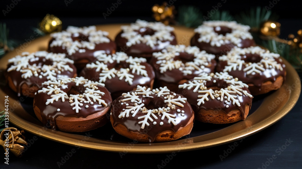 Fototapeta premium Chocolate Donuts with Snowflakes and Candy Decorations