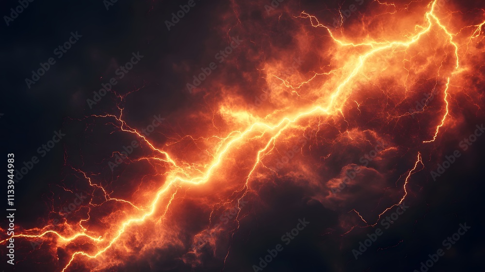 Fiery Orange Lightning Bolts Across Dark Sky