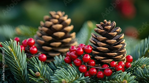 Close-Up of Pinecones with Festive Berries, Close-up view of pinecones surrounded by green fir branches and red berries, capturing the essence of holiday decorations.