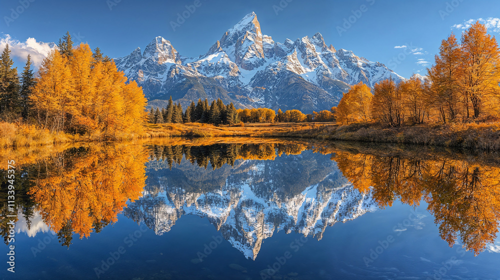 Golden autumn reflections of snow-capped mountains on a tranquil alpine lake, background header or website banner Golden autumn reflections of snow-capped mountains on a tranquil alpine lake, background header or website banner