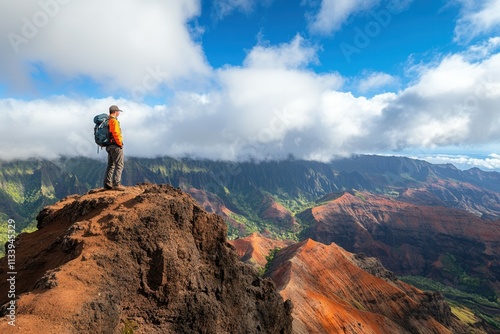 Male hiker admiring waimea canyon landscape under blue sky. photo