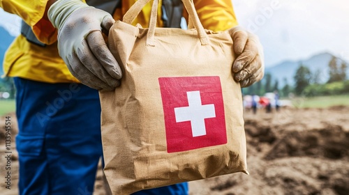 Emergency response action outdoor field first aid supplies rural area close-up view health and safety concept