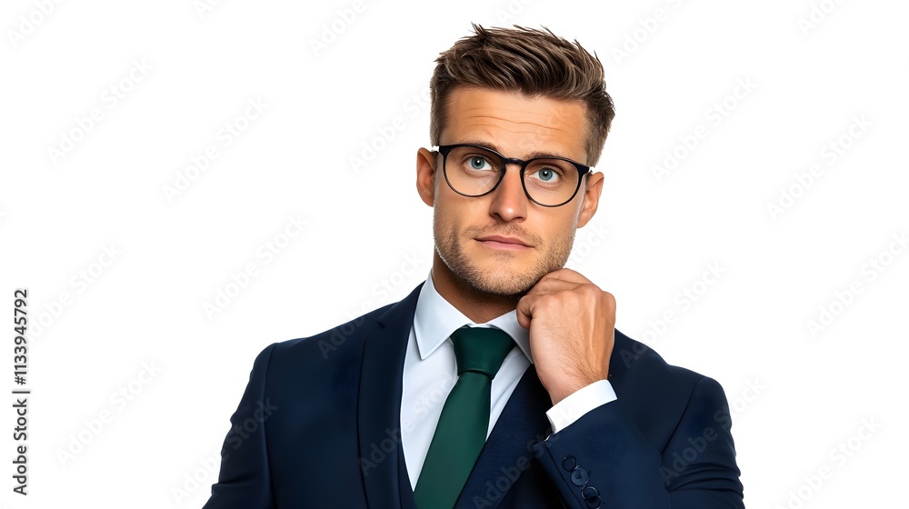 Confident Young Businessman in Formal Attire Pondering While Adjusting His Tie in a Studio Setting on a White Background Confident Young Businessman in Formal Attire Pondering While Adjusting His Tie in a Studio Setting on a White Background