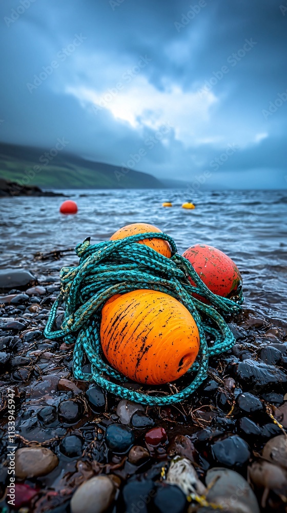Fishing gear display by the shoreline coastal landscape nature photography dramatic weather close-up view tranquility Fishing gear display by the shoreline coastal landscape nature photography dramatic weather close-up view tranquility