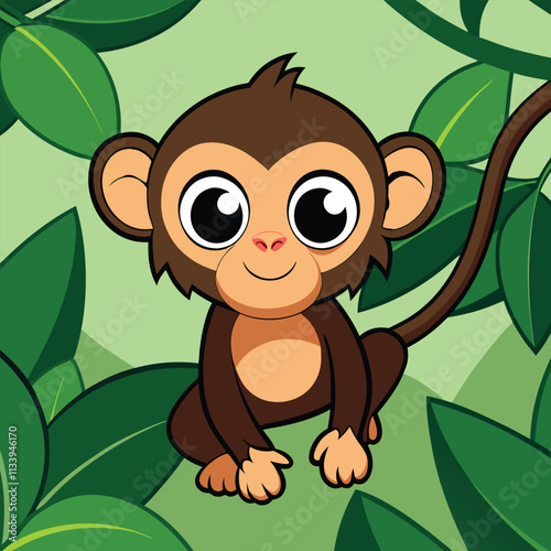 A cute, funny cartoon animal character illustration of a baby monkey puppy toy drawing isolated in nature's jungle zoo for wild child fun