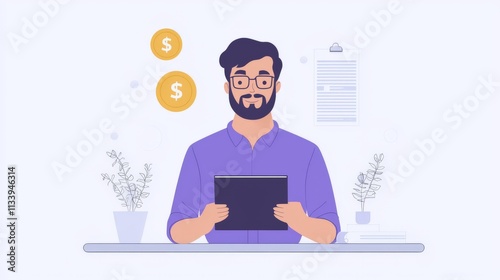 A man with glasses uses a tablet at a desk, surrounded by plants, with dollar signs and a document in the background.