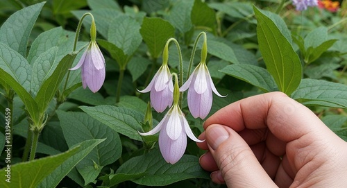 Loveinamist flowers peeking through delicate leaves in a fairytale garden hand photo