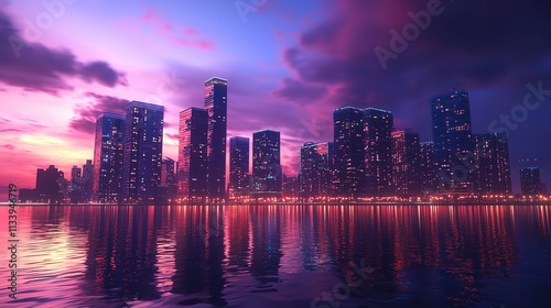 Colorful Cityscape at Night with Skyscrapers and Neon Lights