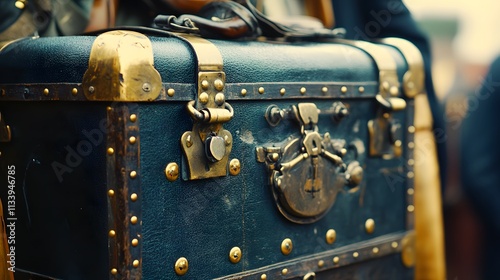 Vintage dark-blue leather suitcase with brass hardware and rivets.