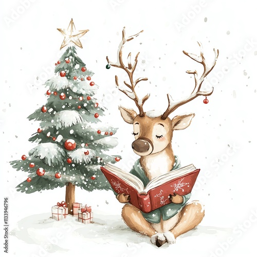 A cheerful reindeer reading a book beside a decorated Christmas tree in winter.