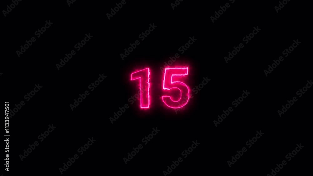 15 seconds neon countdown animation, 15 second timer countdown on black background.