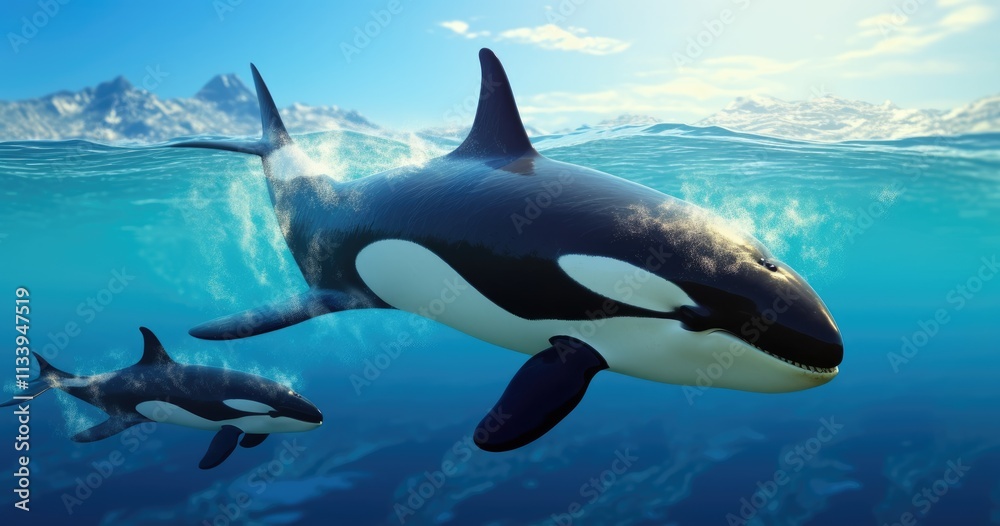 Fototapeta premium an orca whale swimming with her cubs in the ocean, photo realistic, high resolution