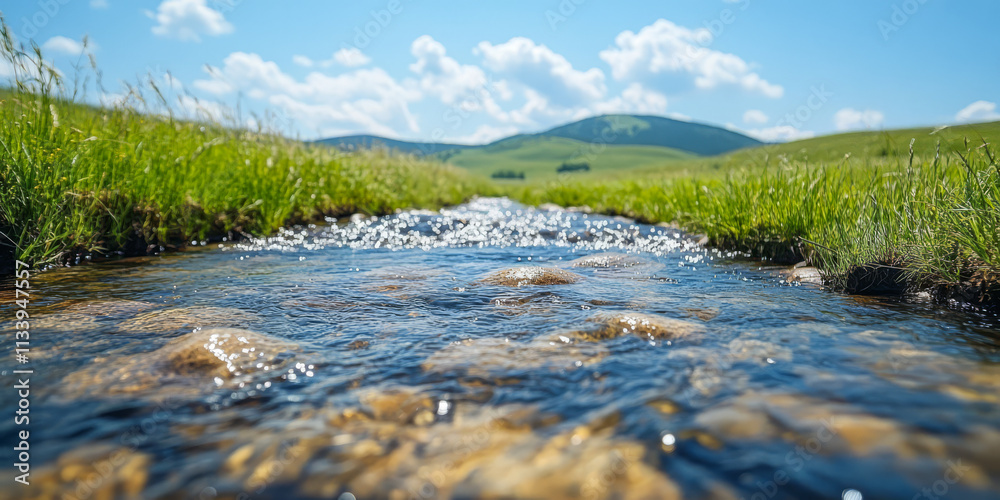 Serene stream flows through lush green landscape under a clear blue sky Serene stream flows through lush green landscape under a clear blue sky