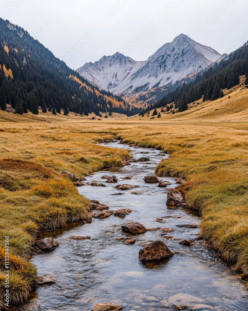 Scenic valley with a flowing stream and mountains in the background during autumn season Scenic valley with a flowing stream and mountains in the background during autumn season