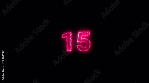 15 seconds neon countdown animation, 15 second timer countdown on black background.