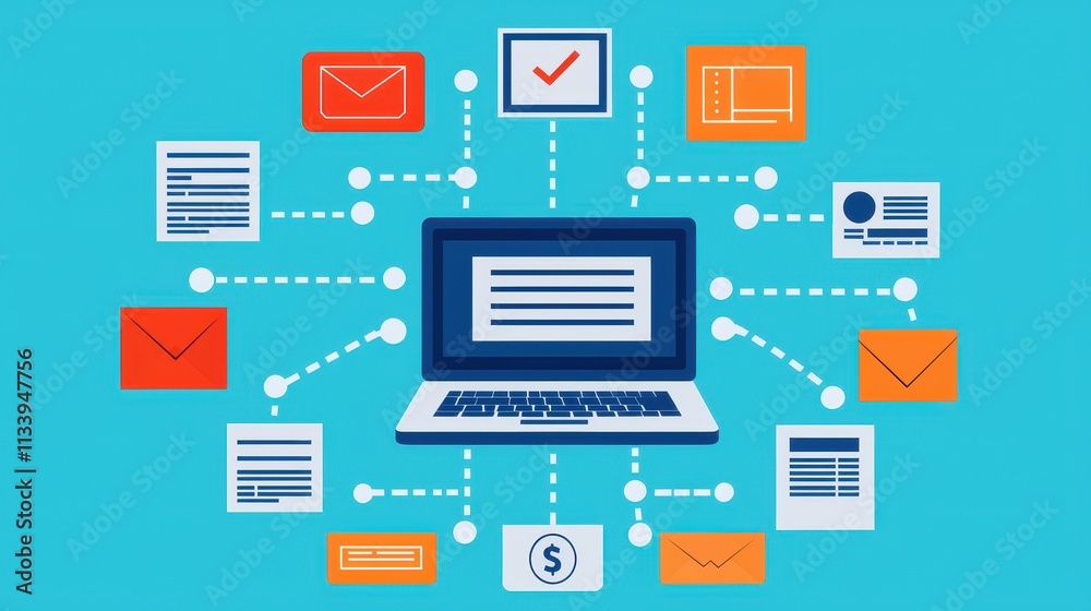 A digital illustration shows a laptop connected to various icons, representing emails, documents, and transactions, symbolizing communication and information exchange. A digital illustration shows a laptop connected to various icons, representing emails, documents, and transactions, symbolizing communication and information exchange.