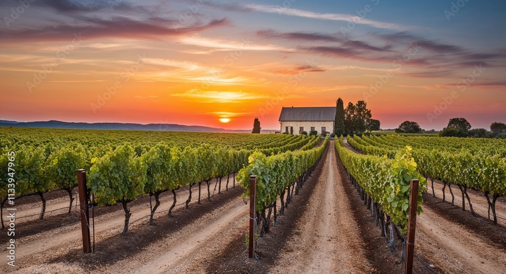 Fototapeta premium Sunset over a vineyard with rows of grapevines and a farmhouse