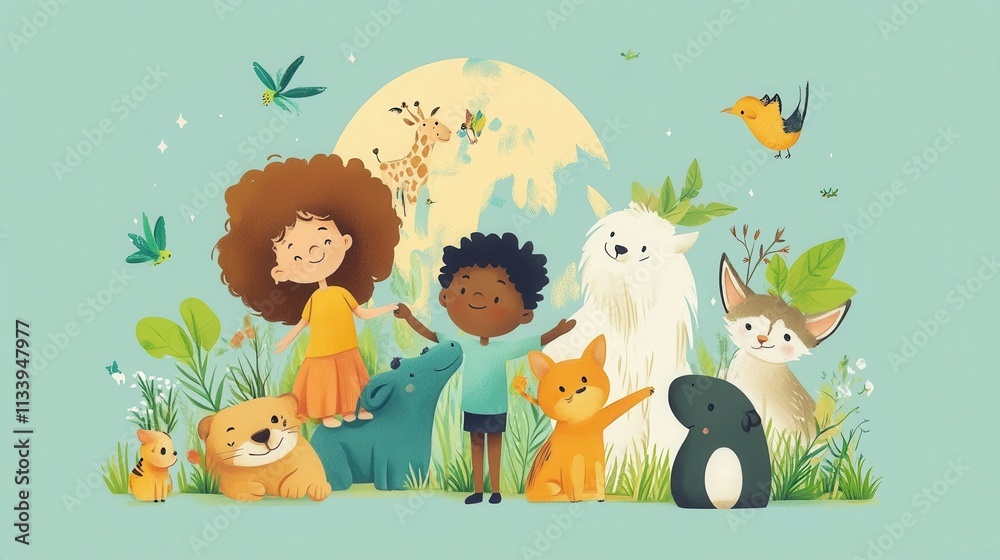 Fototapeta premium Whimsical Children and Animals in Nature Scene