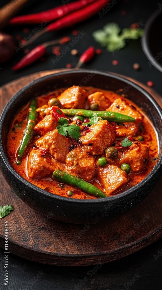 A bowl of spicy chicken curry garnished with green chilies and herbs. A bowl of spicy chicken curry garnished with green chilies and herbs.
