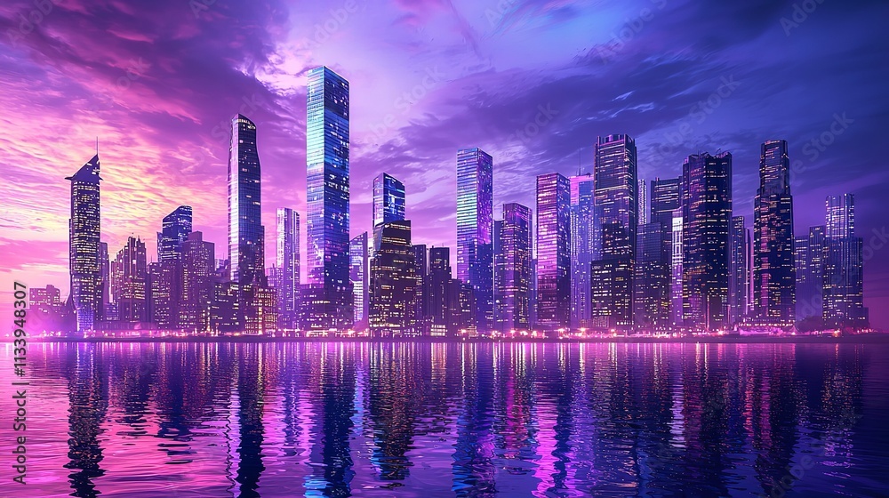 Fototapeta premium Colorful Cityscape at Night with Skyscrapers and Neon Lights