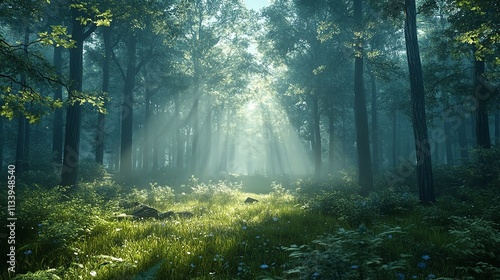 A cinematic shot of a misty forest at dawn, with sunlight filtering through the trees, creating a serene and mystical background.