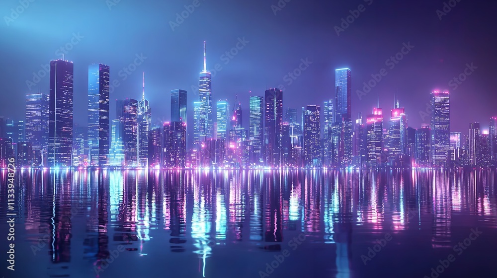 Fototapeta premium Colorful Cityscape at Night with Skyscrapers and Neon Lights