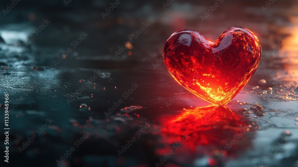 glowing red heart on a reflective surface glowing red heart on a reflective surface
