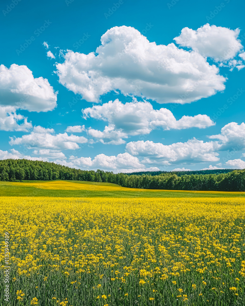 Obraz premium Beautiful spring landscape with vibrant yellow flowers under a blue sky