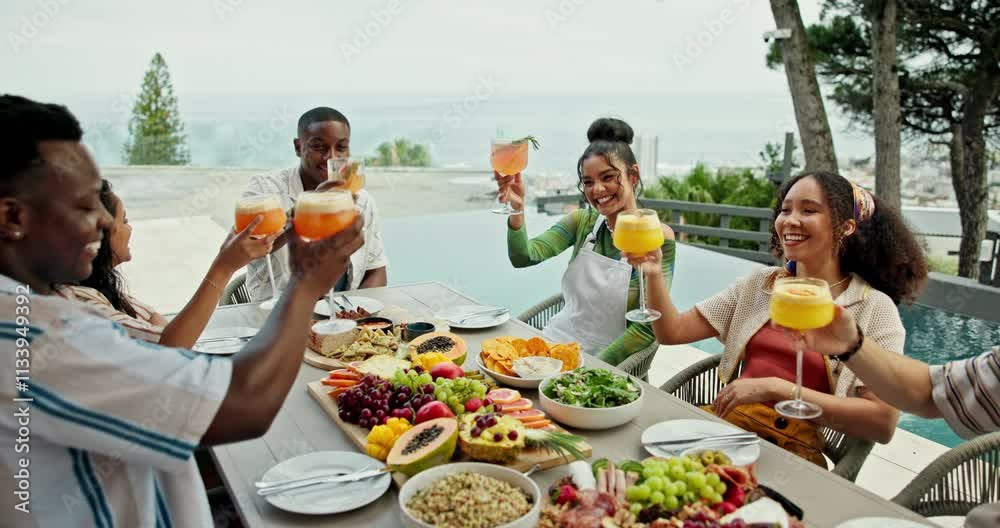 Cocktail, toast and summer with friends and lunch on patio for vacation, bonding and reunion. Community, diversity and celebration with group of people and outdoors for fruits, nutrition or brunch Cocktail, toast and summer with friends and lunch on patio for vacation, bonding and reunion. Community, diversity and celebration with group of people and outdoors for fruits, nutrition or brunch