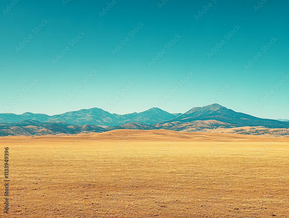 Obraz premium Wide expanse of golden grassland under a clear blue sky with distant mountains in view