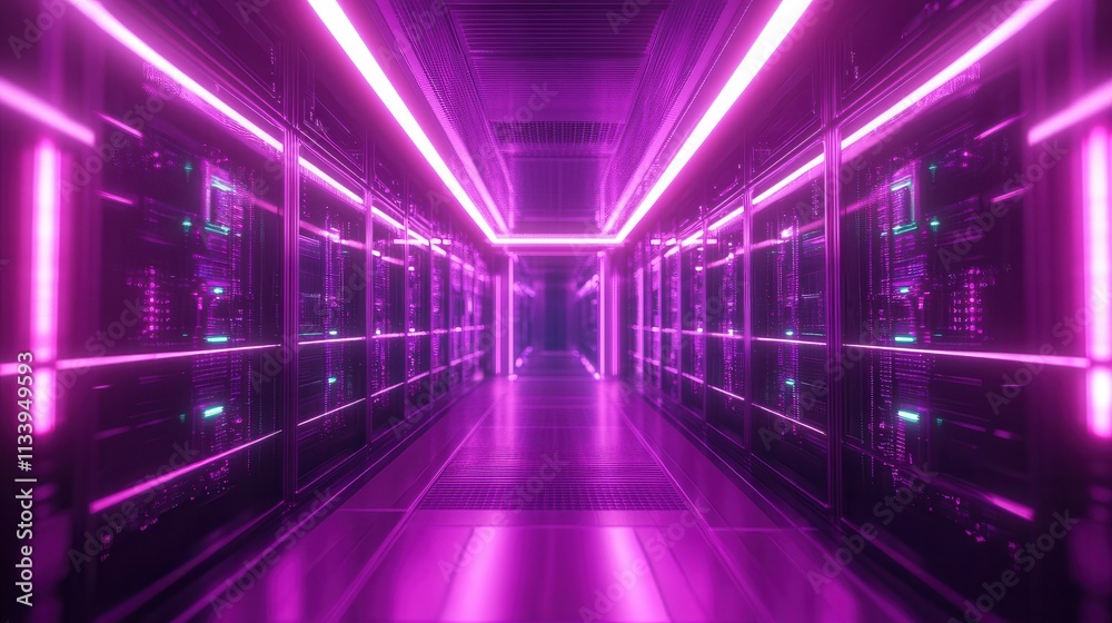 Neon-lit data center corridor with futuristic servers and pink lighting. Neon-lit data center corridor with futuristic servers and pink lighting.