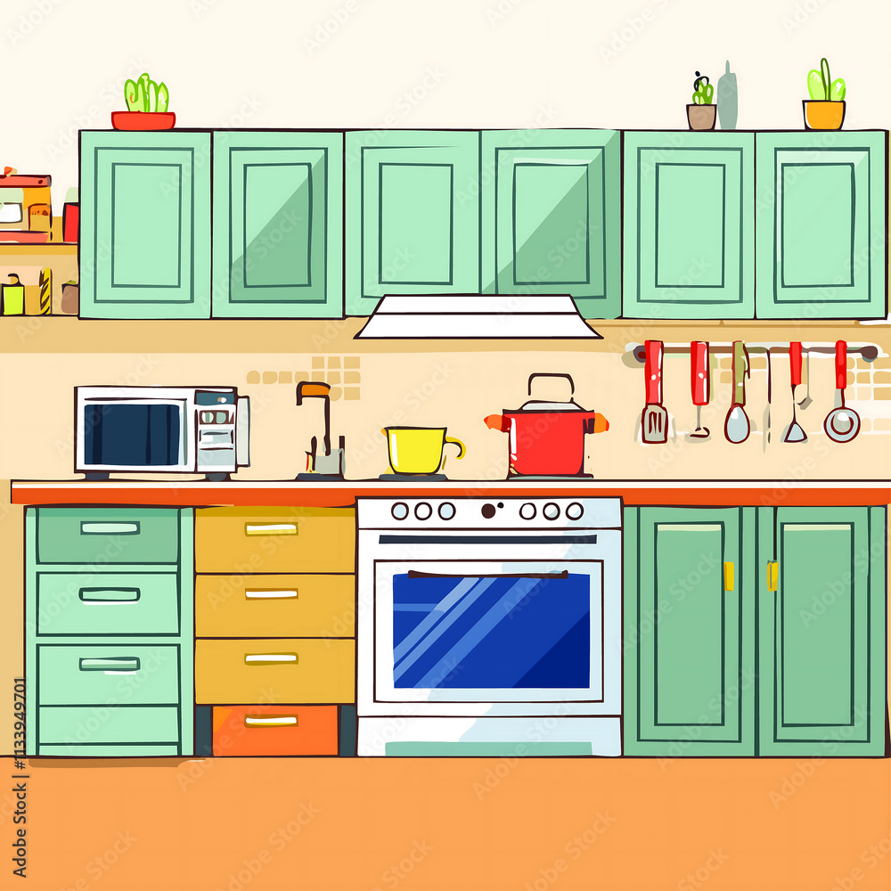 Vibrant Kitchen Interior with Clean Lines and Functional Cooking Area Vibrant Kitchen Interior with Clean Lines and Functional Cooking Area