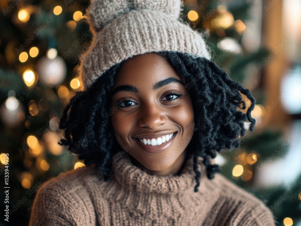 smiling woman in cozy sweater and hat during the holidays