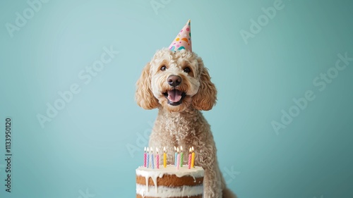 Adorable golden doodle dog with a birthday cake, wearing a party hat, sitting against a cheerful blue background, ideal for festive themes