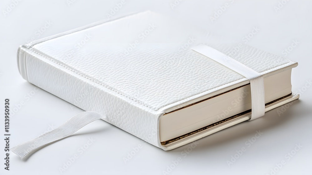 White leather-bound book with ribbon closure, isolated on white background. White leather-bound book with ribbon closure, isolated on white background.