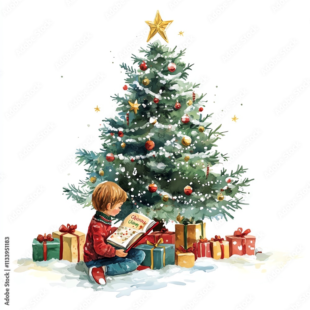 A child reading by a beautifully decorated Christmas tree with presents. A child reading by a beautifully decorated Christmas tree with presents.
