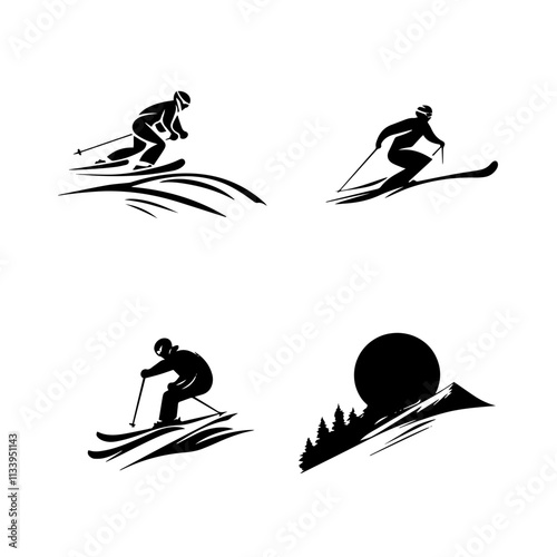 Skiing Silhouette Logo on Scenic Hills - Vector Design for Winter Sports