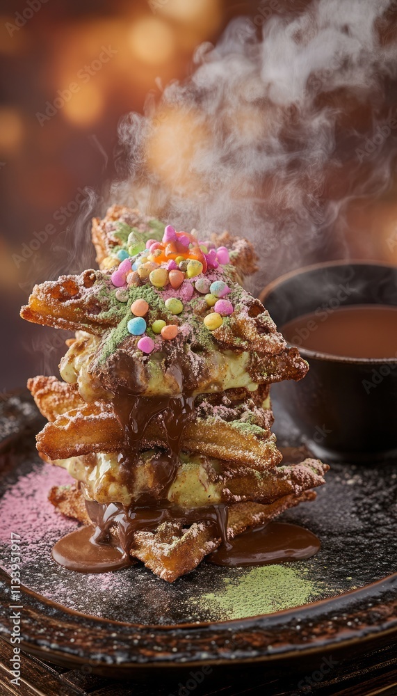 A decadent dessert stack drizzled with chocolate and topped with colorful sprinkles. A decadent dessert stack drizzled with chocolate and topped with colorful sprinkles.