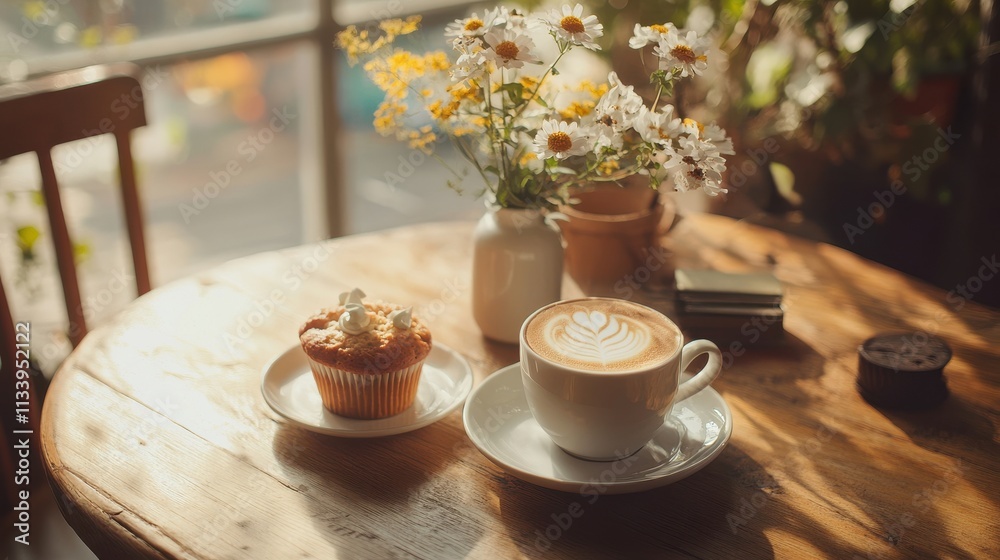 Cozy Coffee and Cupcake on a Rustic Table Cozy Coffee and Cupcake on a Rustic Table