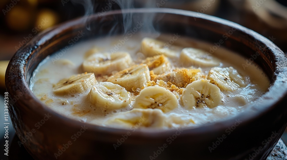 Creamy Banana Dessert in Warm Bowl with Steam Creamy Banana Dessert in Warm Bowl with Steam