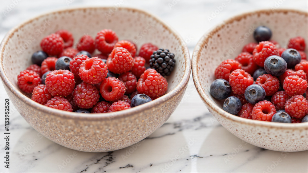 Bowls of fresh mixed berries, including raspberries and blueberries, healthy snack option Bowls of fresh mixed berries, including raspberries and blueberries, healthy snack option