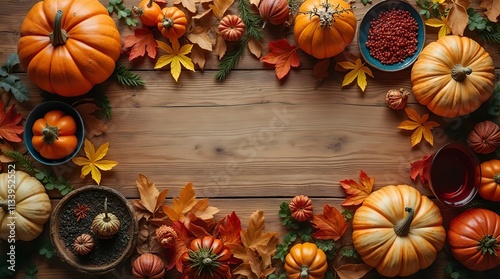 Autumnal Thanksgiving Still Life: Pumpkins, Leaves, and Spices on Rustic Wooden Background