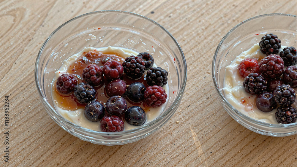 Yogurt bowls topped with mixed berries and honey, healthy dessert option for a sweet treat Yogurt bowls topped with mixed berries and honey, healthy dessert option for a sweet treat